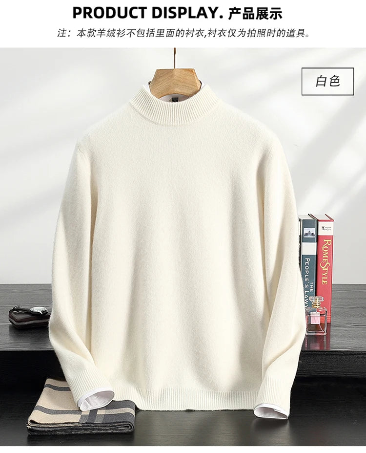 Autumn/Winter Men's 100% Cashmere Pullover Business Casual Solid Knitted Sweater Loose Half High Neck Tops Thick Warm Jumper