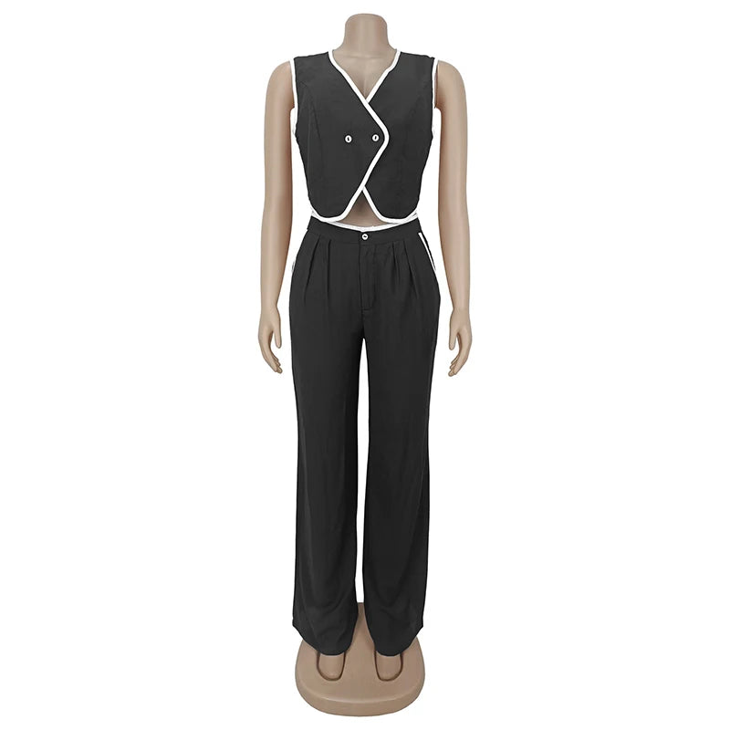 BKLD 2025 Women's Temperament Commuting Suit Contrasting Button Sleeveless Vest Tops+Zipper Pockets Pants Fashion Casual Outfits