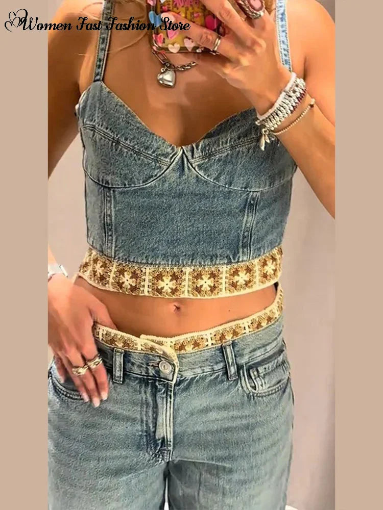 Crochet Splicing Cropped Top Jeans Set 2026 Summer New Ladies Sexy Backless Tank Top Straight Leg Denim Pants Women's Outfits