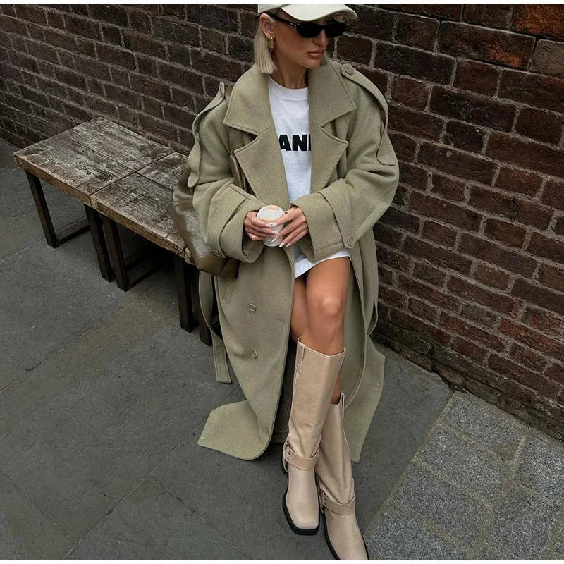 Whisper Lumi Vintage Double Breasted Lapel Women Long Coat Elegant Loose Jacket With Belt Autumn Casual Ladies Streetwear
