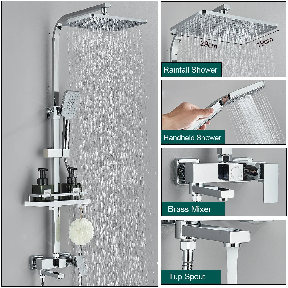 Shower Faucet Set Rainfall 3/4-ways Bathtub Tap With Bathroom Shelf Height Adjust Brass Mixer Crane Hot Cold Water Systems