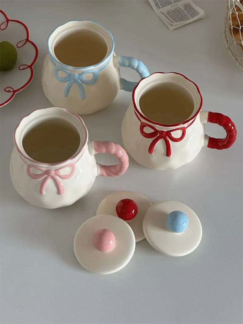 Cute Pink Relief Bow Ceramics Mug Cups Coffee Milk Drinks Ceramics Handle   Cup with Box Girls  Gift