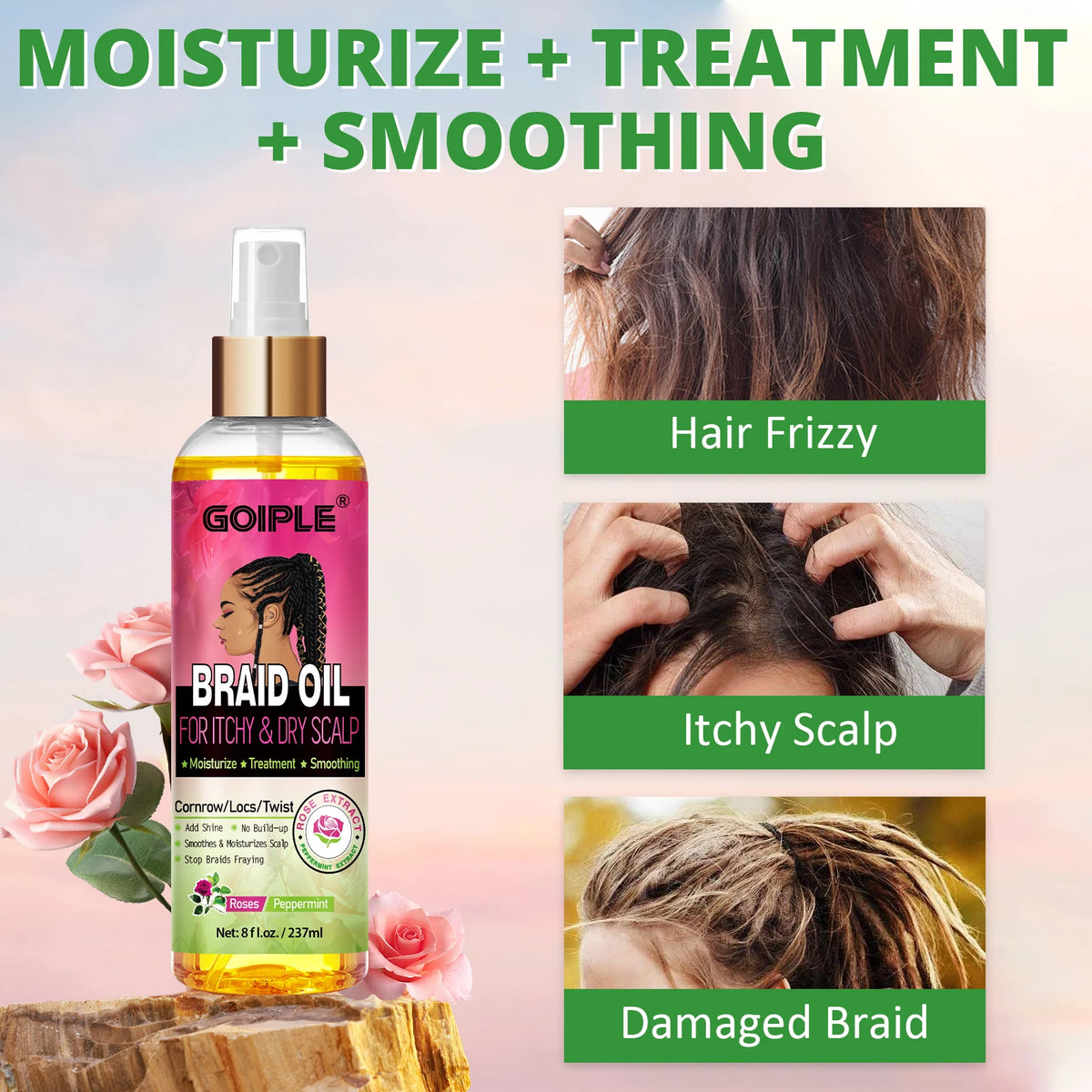 GOIPLE Natural Rose Extract Braid Oil For Itchy Dry Scalp Cornrow Locs Twist Add Shine Smoothes Moisturizes Hair Care Oil