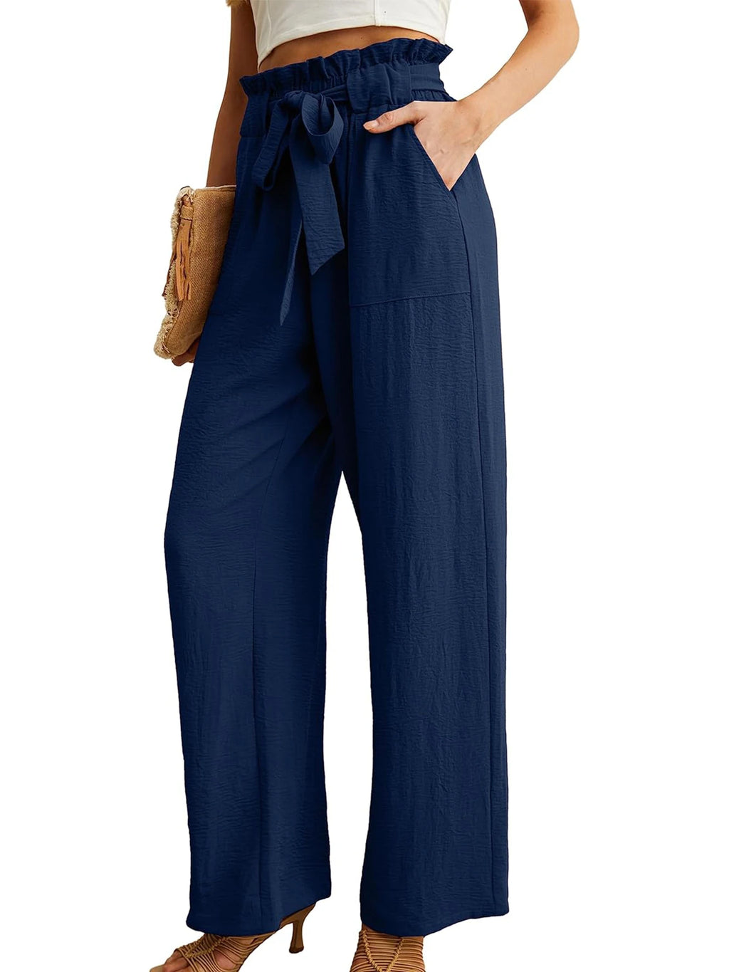 Women's High Waist Wide Leg Casual Pants with Pockets Adjustable Drawstring Loose Slimming Comfortable for Vacation