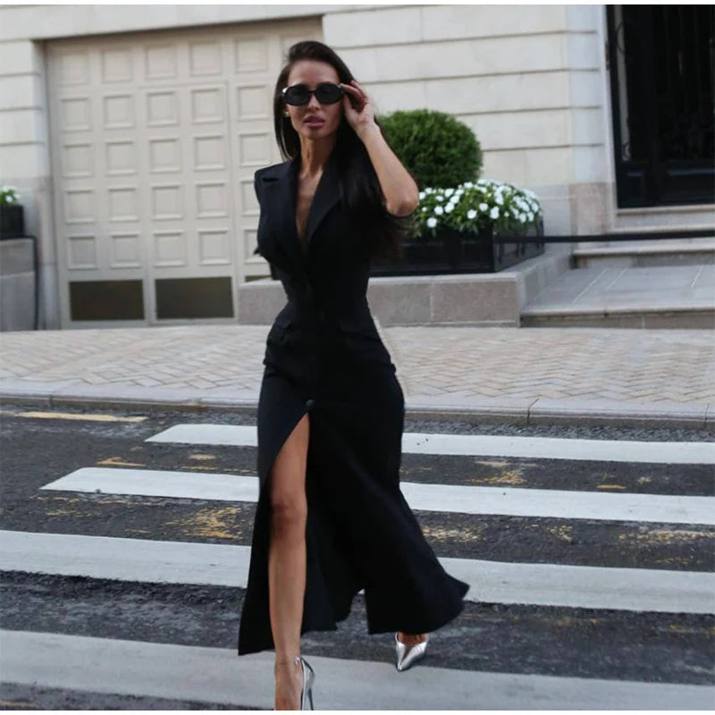 Fashion Lapel Short Sleeve Dress Women's Solid Color Single Breasted Slit Midi Dresses 2026 Summer New Lady Elegant Office Wear