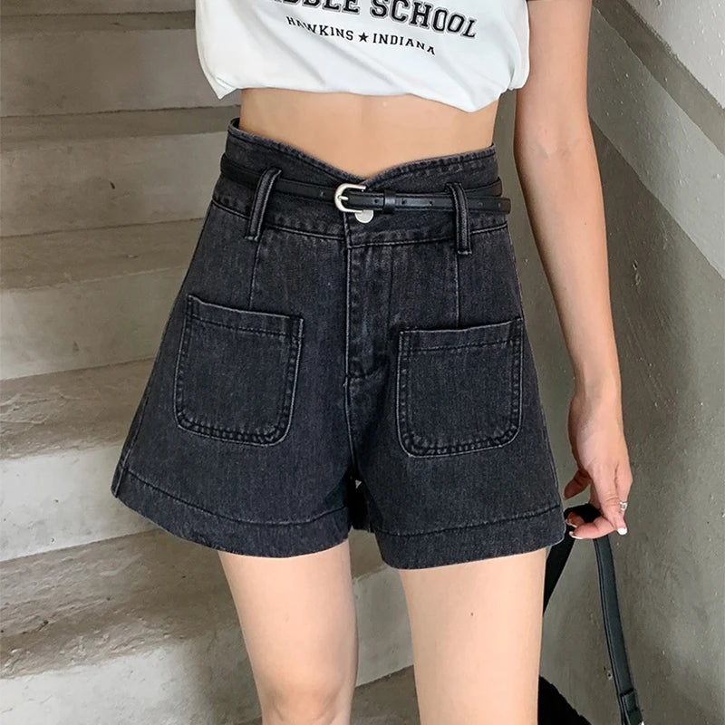Retro Bandage Designed Women Jean Shorts Summer New High Waist Slim Pockets Wide Leg Denim Shorts Simple Versatile A-Line Shorts