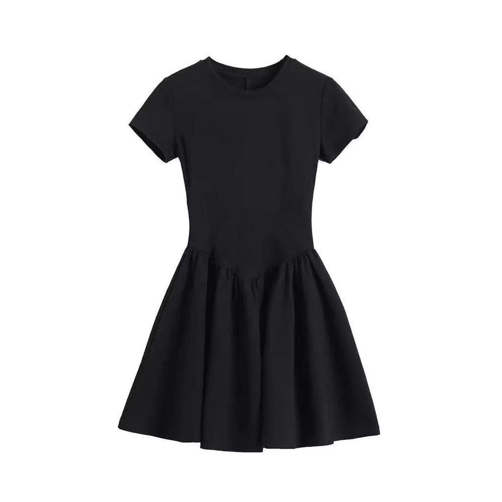 Women's Petite Black Summer Dress Round Collar Short Sleeve Slimming A-Line Mini Streetwear French Elegant LBD for Juniors