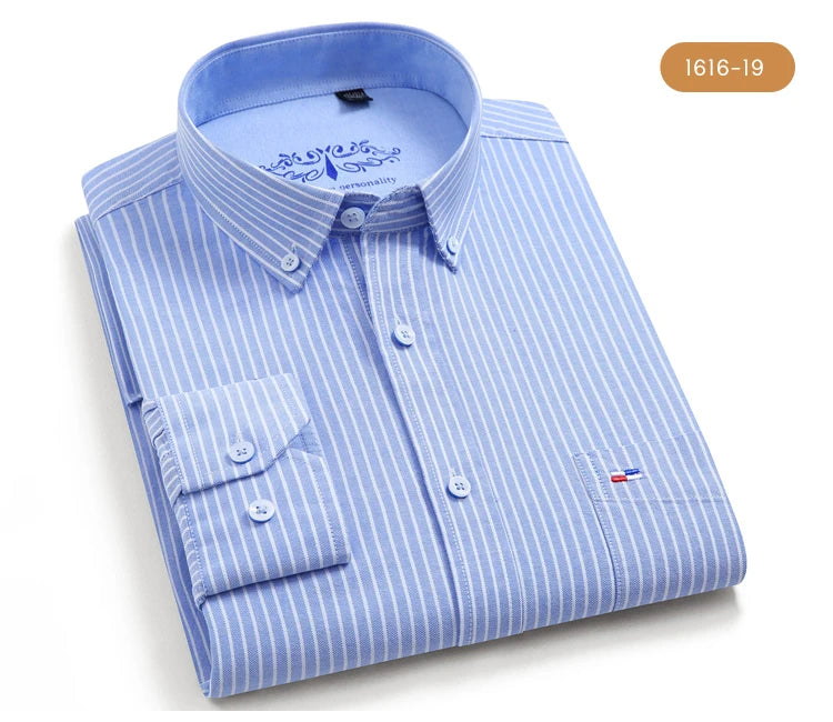 Men's 100% Cotton Breathable Oxford Fabric Dress Shirt, Plaid Striped Casual Long Sleeve, Button-Up with Collar and Chest Pocket