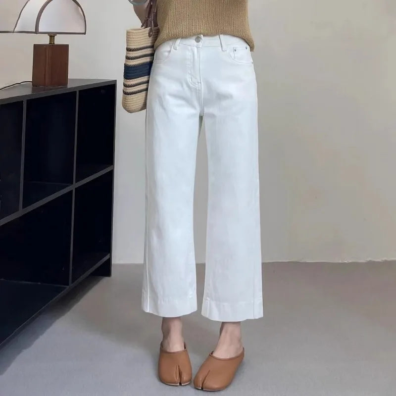 Retro Fashion Solid Color Holiday Denim Straight Pants Women's Summer Large Size High Waist Thin Wide Leg Nine-point Pants
