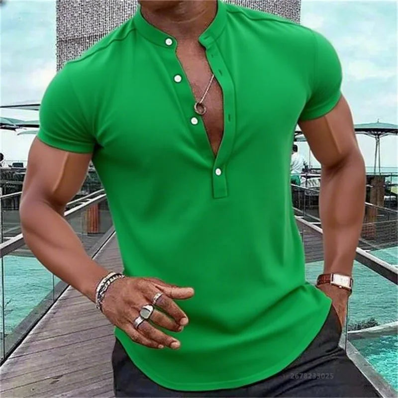 Men's Short-Sleeved Casual Shirt Hawaiian Style Shirt Solid Black Shirt Stand Collar Design Suitable for Beach Vacation XS-5XL