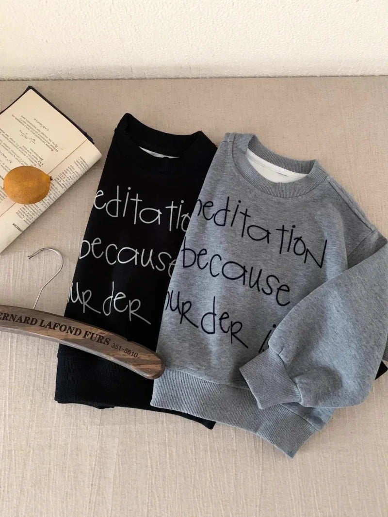 2025 Autumn New Children Solid Sweatshirt Baby Fashion Letter Printed Long Sleeve Tops Kids Girl Boy Crewneck Hoodie Clothing