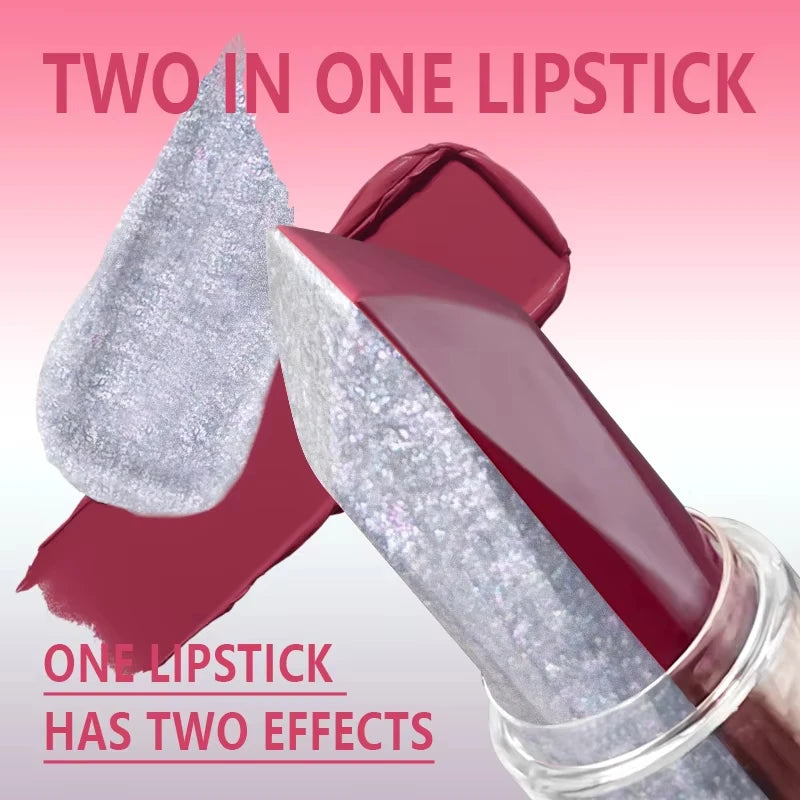 1pc Dual Head Glitter Lipstick Matte Velvet Lip Stick, 2 In 1 Shimmer Diamond Lip Gloss Waterproof Lip Makeup Cosmetic For Women