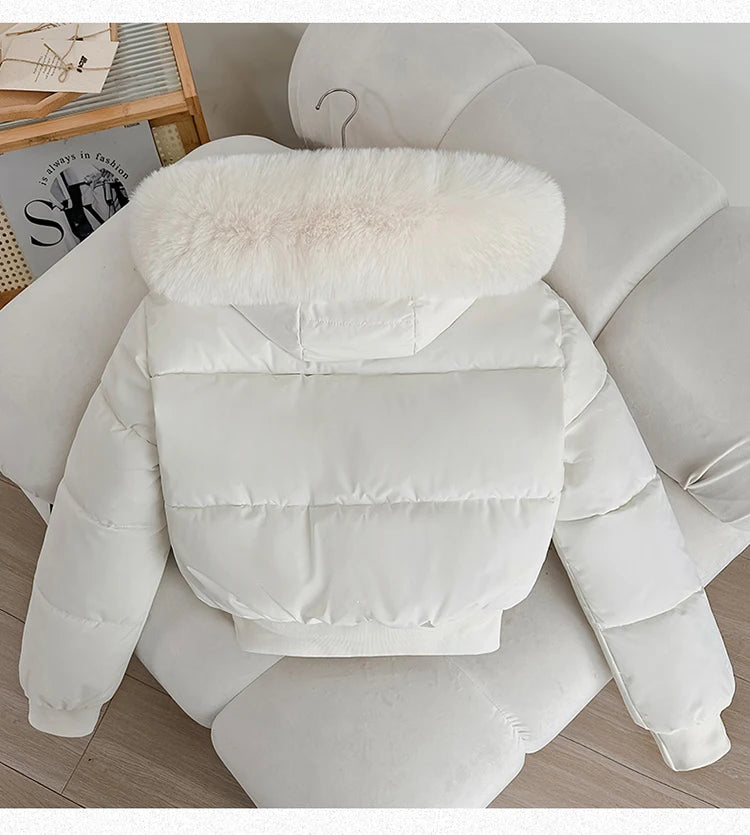 Women's Short Thickened Winter Cotton Jacket Quilted Coat Fur Collar American Retro Style Warm Casual Fashion Regular Fit