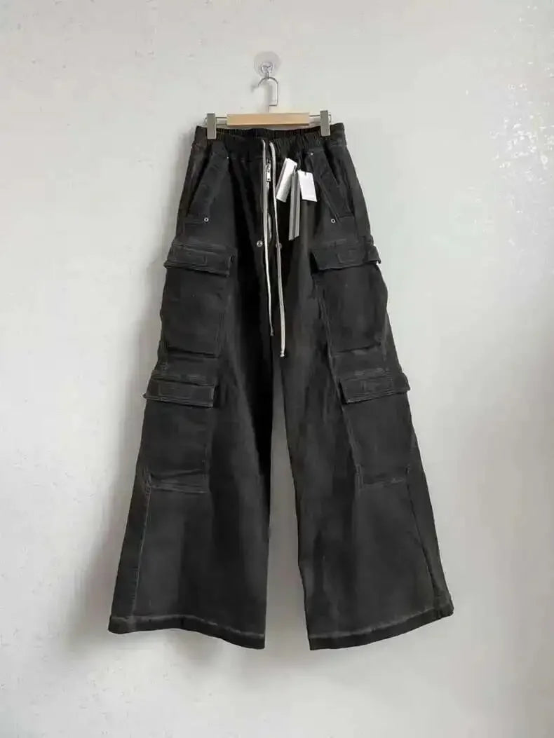 High Street Drawstring Zipper Sliced Wide Leg Cargo Pants Msn's Casual Loose Straight Trousers Loose Denim Pants