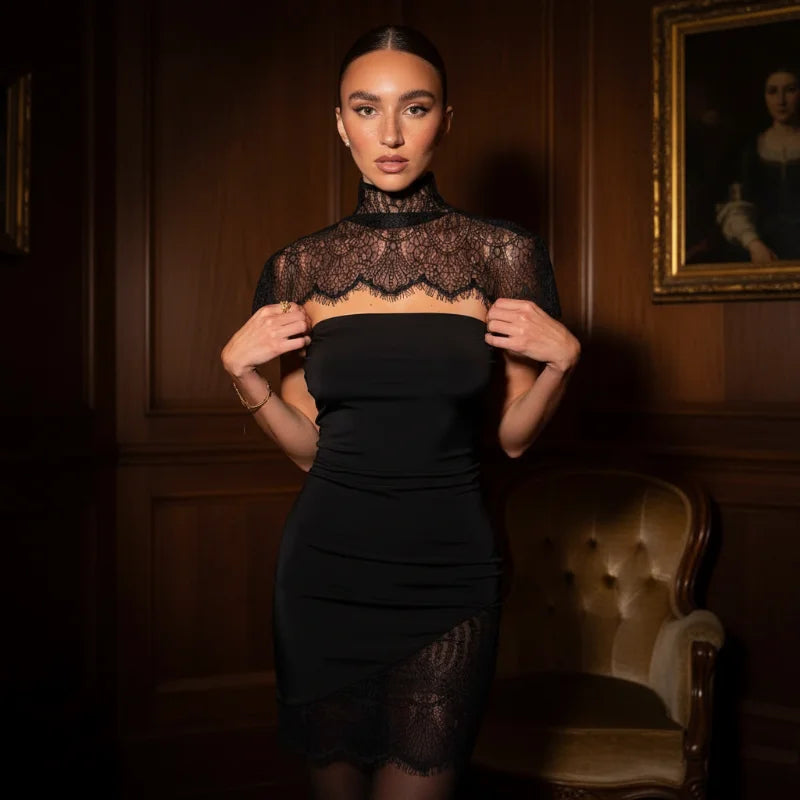 Lace Patchwork Maxi Dress Sexy Women Chic Black Shawl Strapless See Through Backless Slim Gown 2026 Lady Evening Party Vestidos
