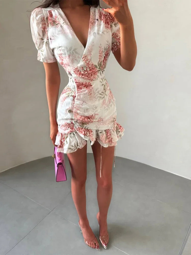 Women Sexy Flora Painted Ruffle Slim Dress Chic Deep V-neck Double Layered Ruffled Hem Dresses Lady New Daily Party Gowns