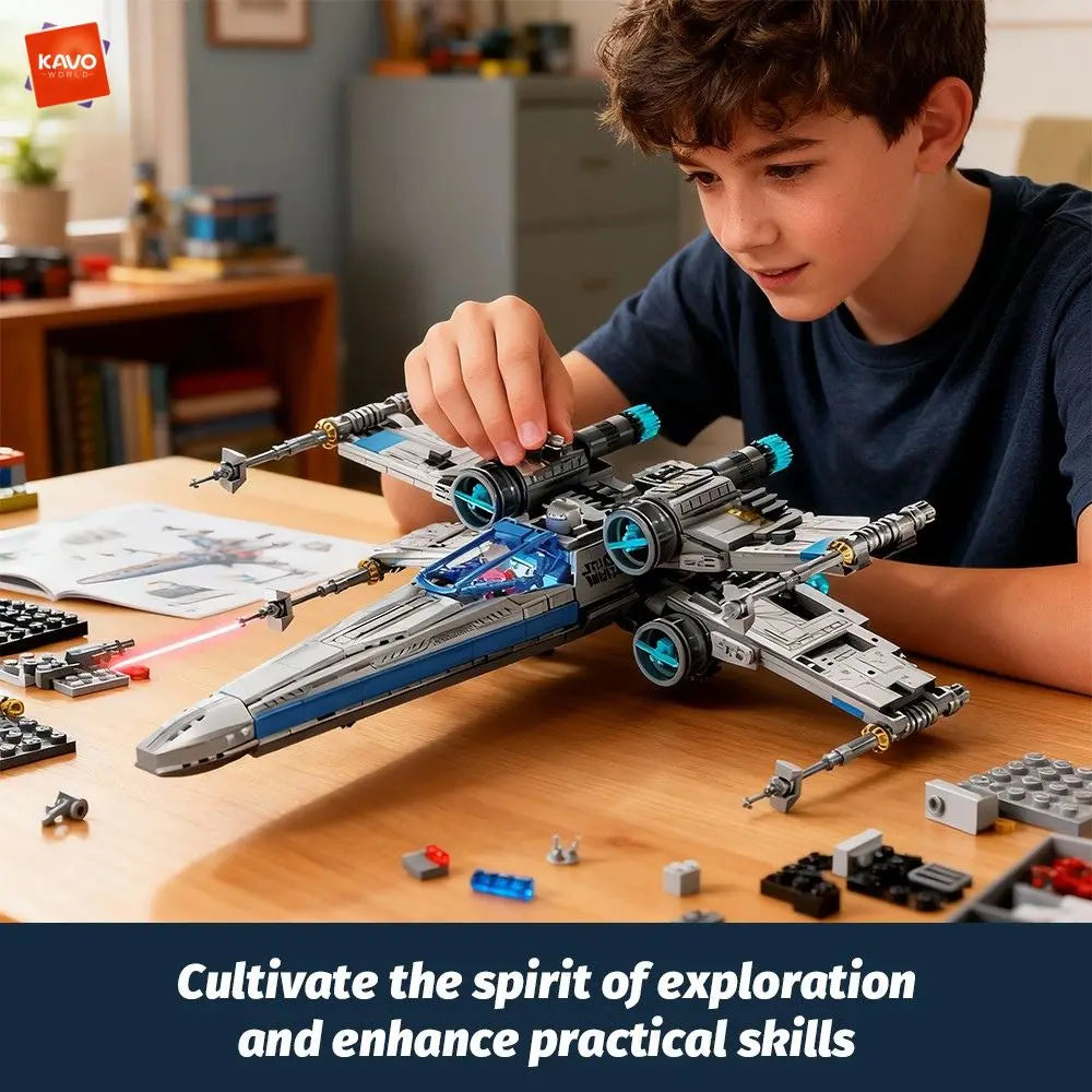 KAVOWORLD X-Wing Space Fighter Jet Building Blocks Toys Set with Pilot High-Technical Linked Wing Transformable Aircraft Model with LED Lights Retractable Landing Gear Spaceship Toy for Adults Birthday Christmas Gift for Spac