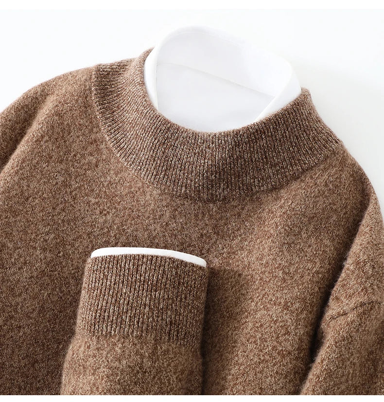 Autumn/Winter Men's 100% Pure Cashmere Pullover Business Casual Solid Knitted Sweater Loose Half High Neck Tops Thick Jumper