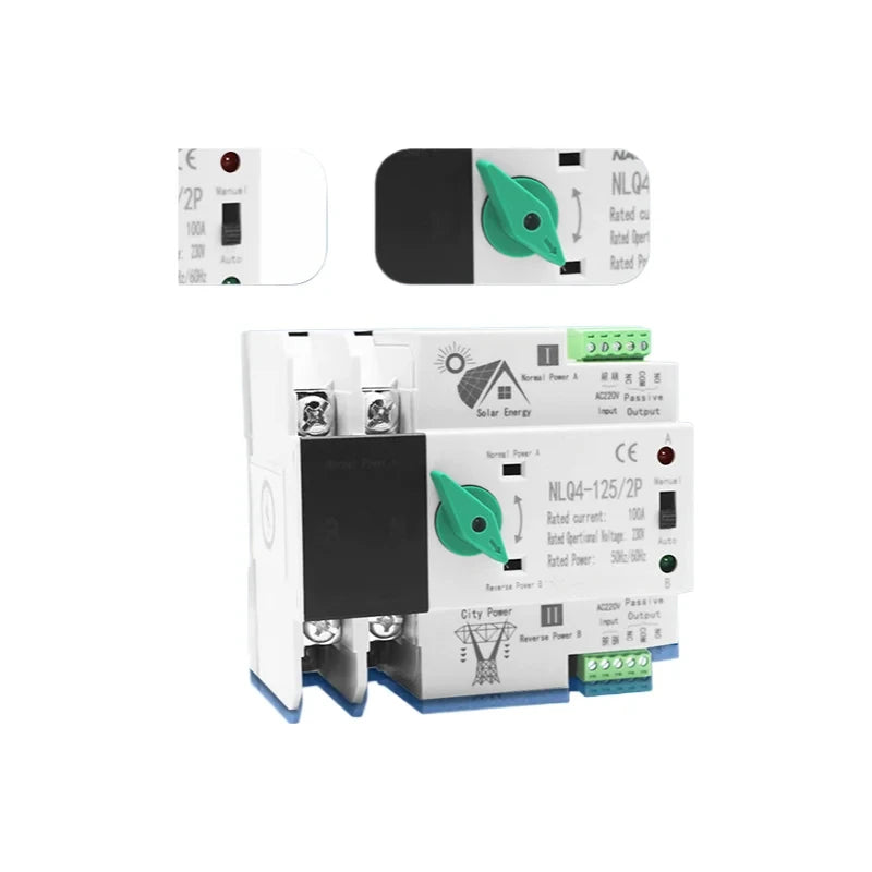 Solar ATS Transfer Switch 230V Uninterrupted Power For PV Inverters 2P 125A Dual Power Automatic Changeover For Home Solar