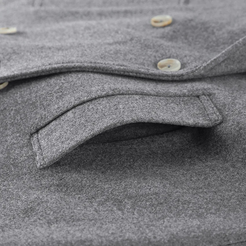 Gray Wool Blend Coat Notched Lapel Double Breasted Long Sleeve Cuff Detail Loose Mid-Length Women Commuter Woolen