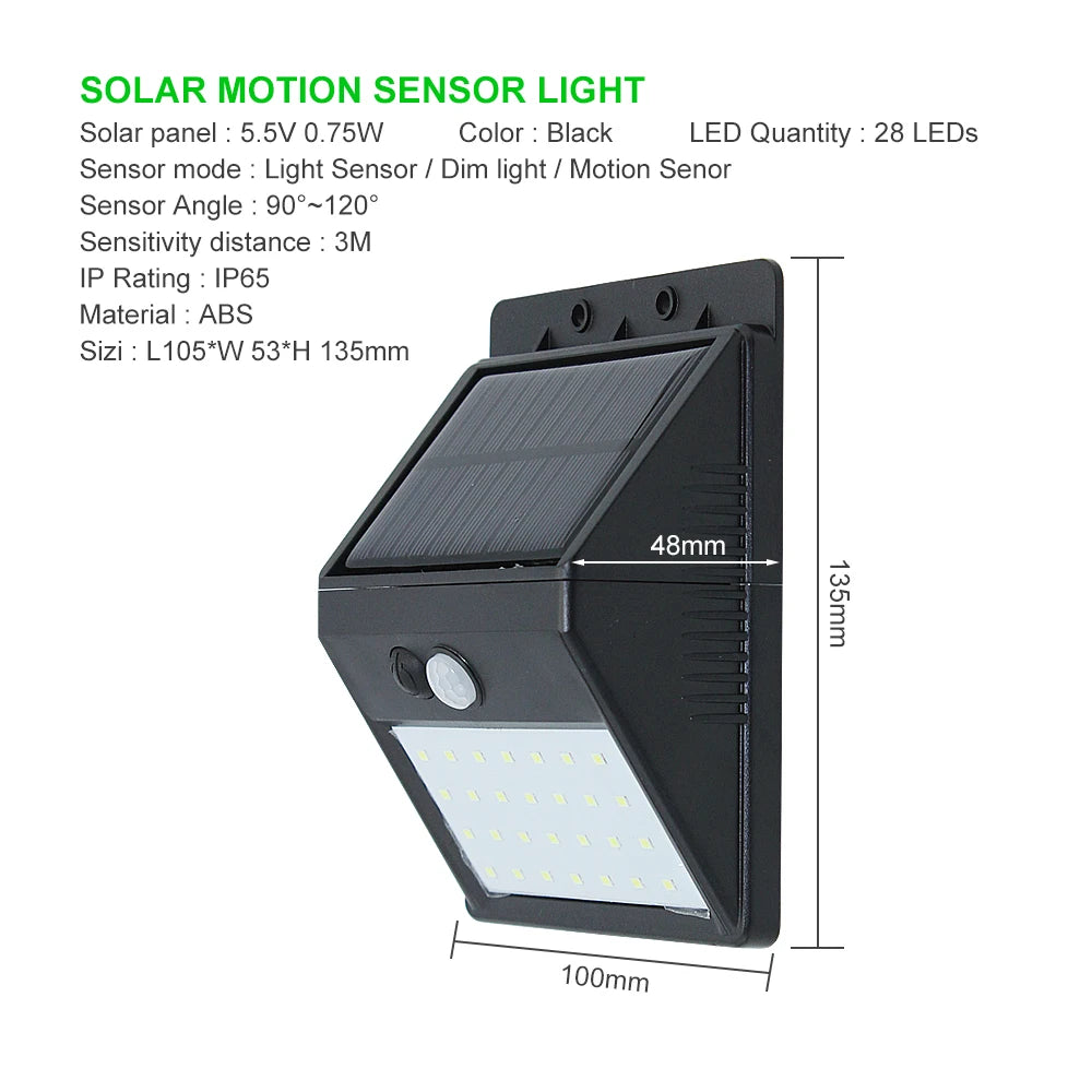 Separable LED Solar Light 28LED 3 Modes PIR Motion Sensor Wall Lamp Waterproof 6000-6500K Outdoor Garden Street Yard Decoration