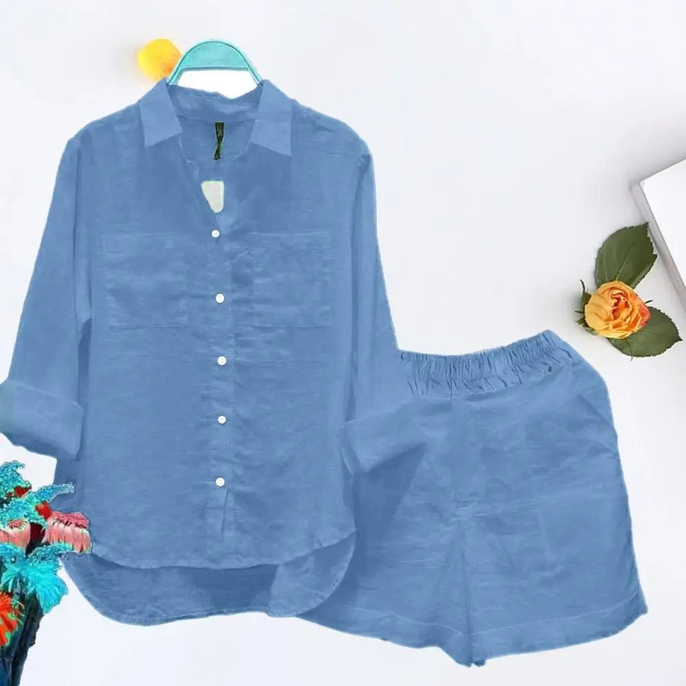 2 Pcs/Set Women Shirt Shorts Set Solid Color Loose Long Sleeves Elastic Waist Single-breasted Patch Pockets Irregular Hem Lapel
