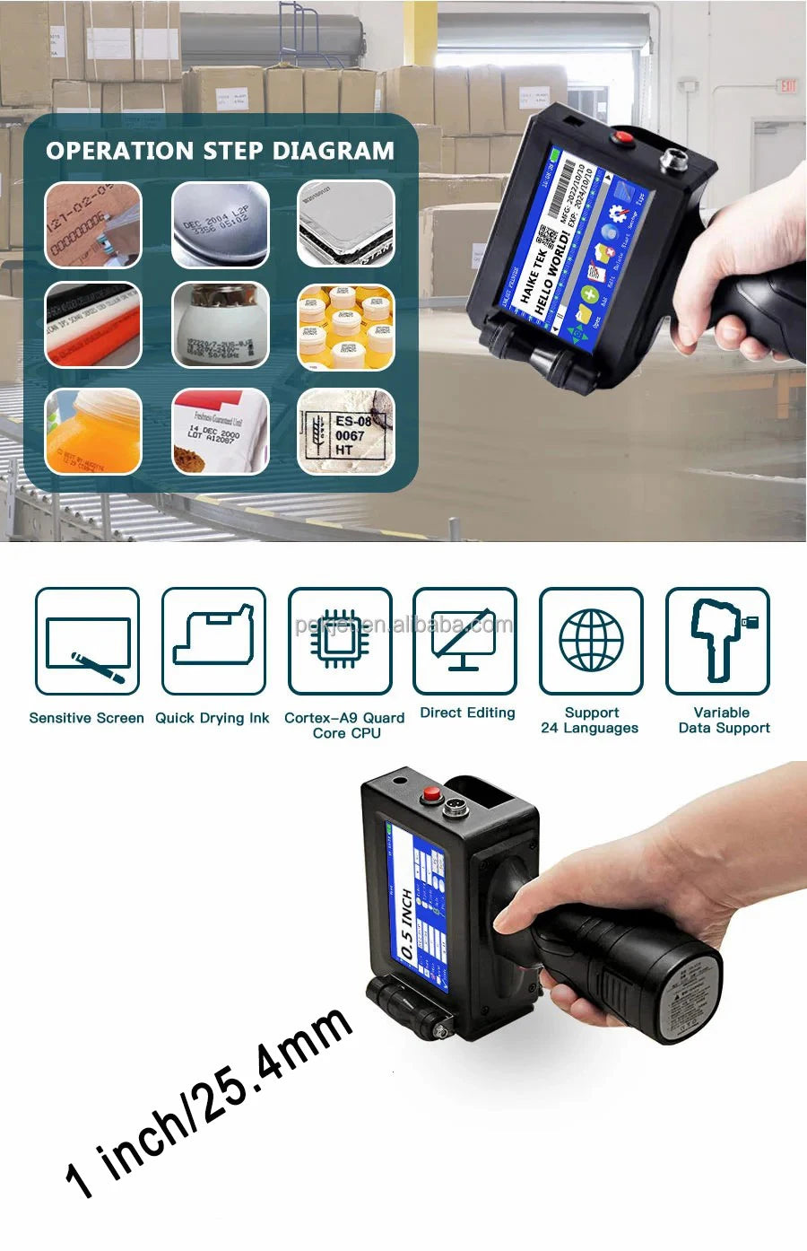 25.4mm QR Bar Batch Code Variable Number Variable Date Logo Expiry Date Lable Portable Hand Jet Handheld Thermal Inkjet Printer