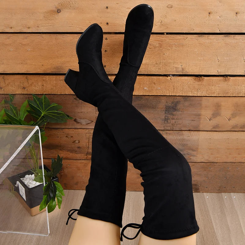 Autumn Winter Stretch Slim Long Boots Women Thick Heels Over The Knee Boots Woman Lace Up Platform Thigh High boots