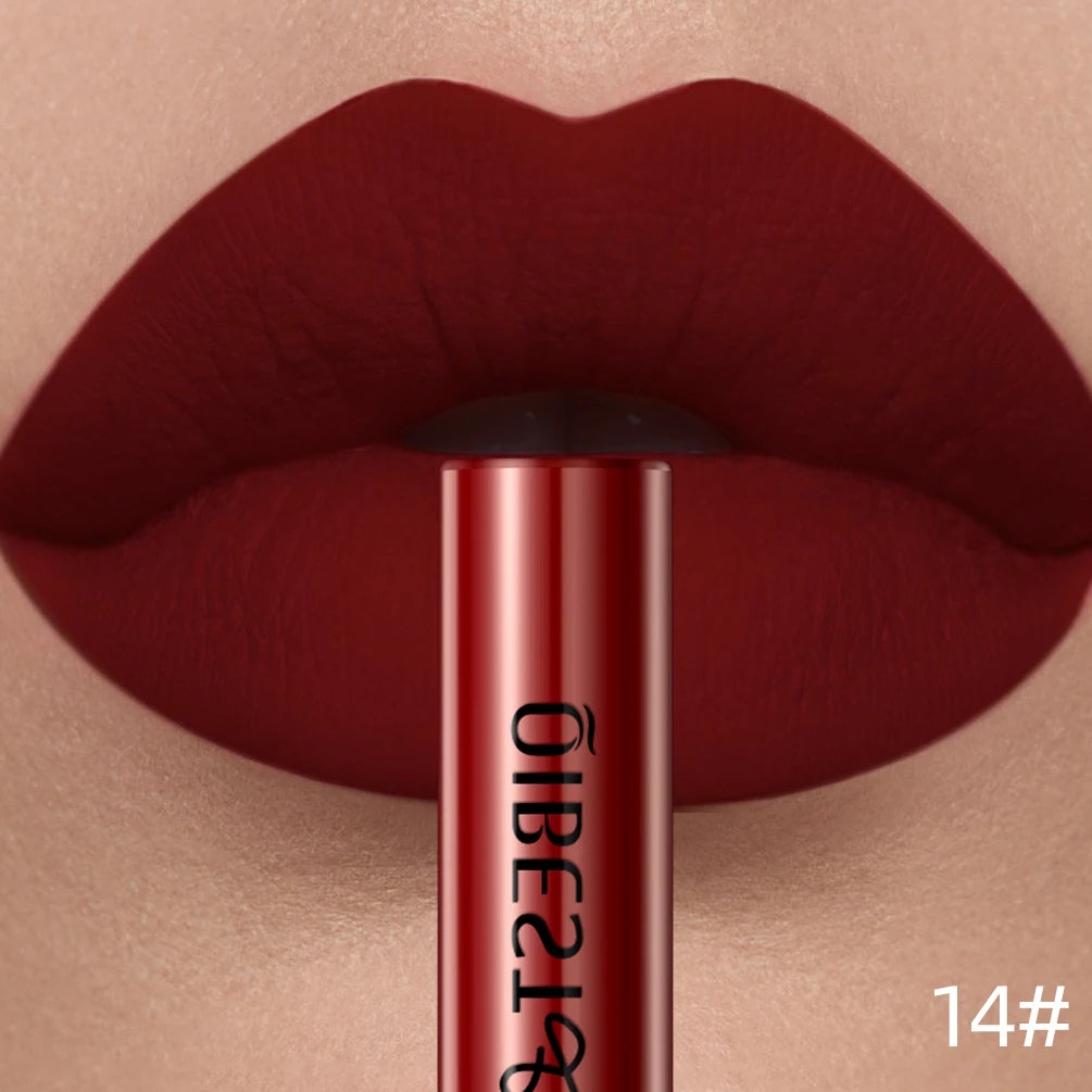 QIBEST Sexy Red Lip Gloss Long Lasting Velvet Matte Liquid Lipstick Waterproof Lip Makeup Nonstick Cup Purple Lip Tint Black