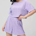Ladies Summer Solid Color Hollow-out Short Sleeve Shorts Set Girl Student Homewear Women Casual Outside Home Loose Two-piece Set