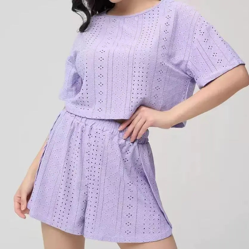 Ladies Summer Solid Color Hollow-out Short Sleeve Shorts Set Girl Student Homewear Women Casual Outside Home Loose Two-piece Set