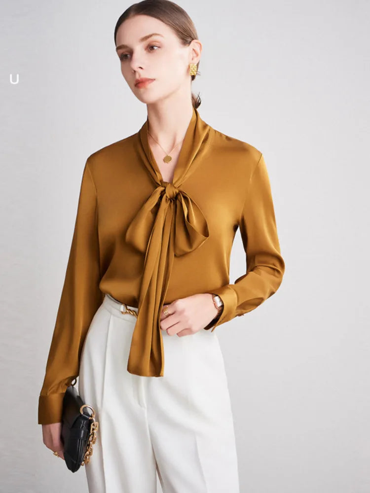 Spring Summer Silk Ribbon Blouse 90% Mulberry Silk Lace Up Long-sleeve Elegant Tops