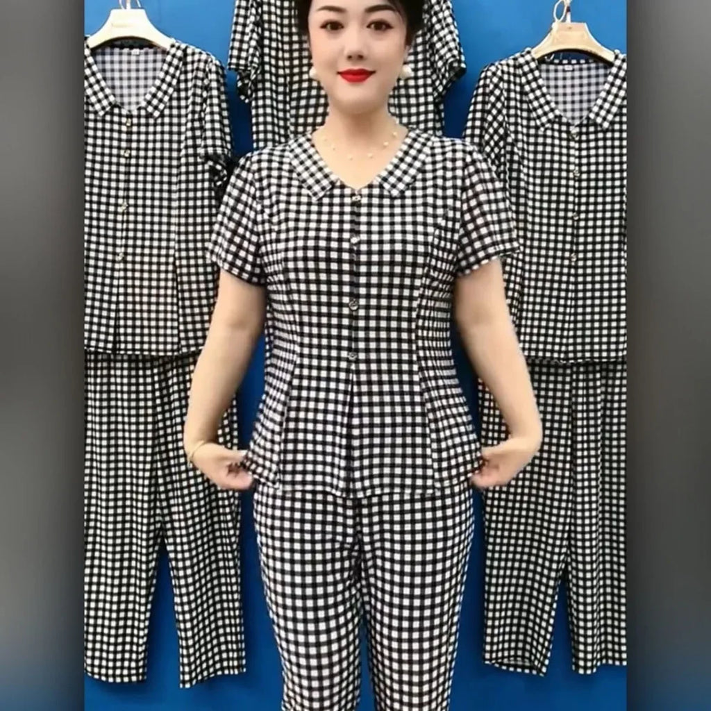 Summer New Korean Fashion Women Thin Plaid Two Piece Set V-neck Printed Patchwork Button Short Sleeved Top Straight Pants Suit