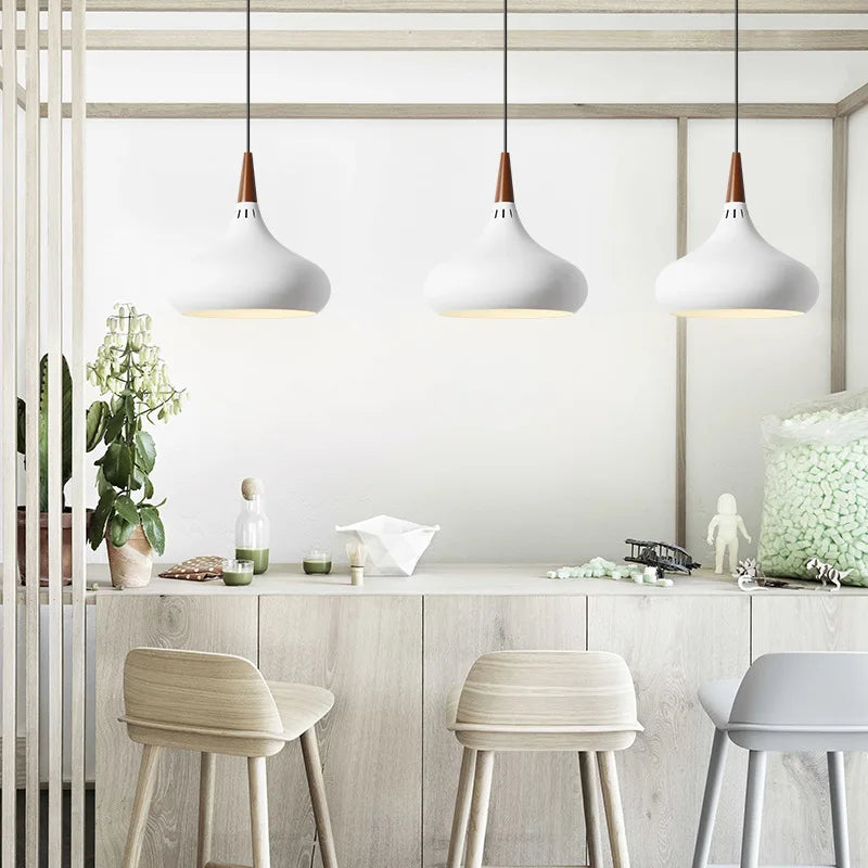 GEW Nordic Modern Funnel Pendant Light Wood Aluminum E27 Multi Color Hanging Lamp for Dining Kitchen Island Bedside