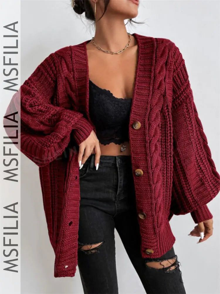 Msfilia Women's Fall/Winter Solid Color Cable Knit V-Neck Cardigan, Balloon Sleeve Loose Single Breasted Sweater Coat