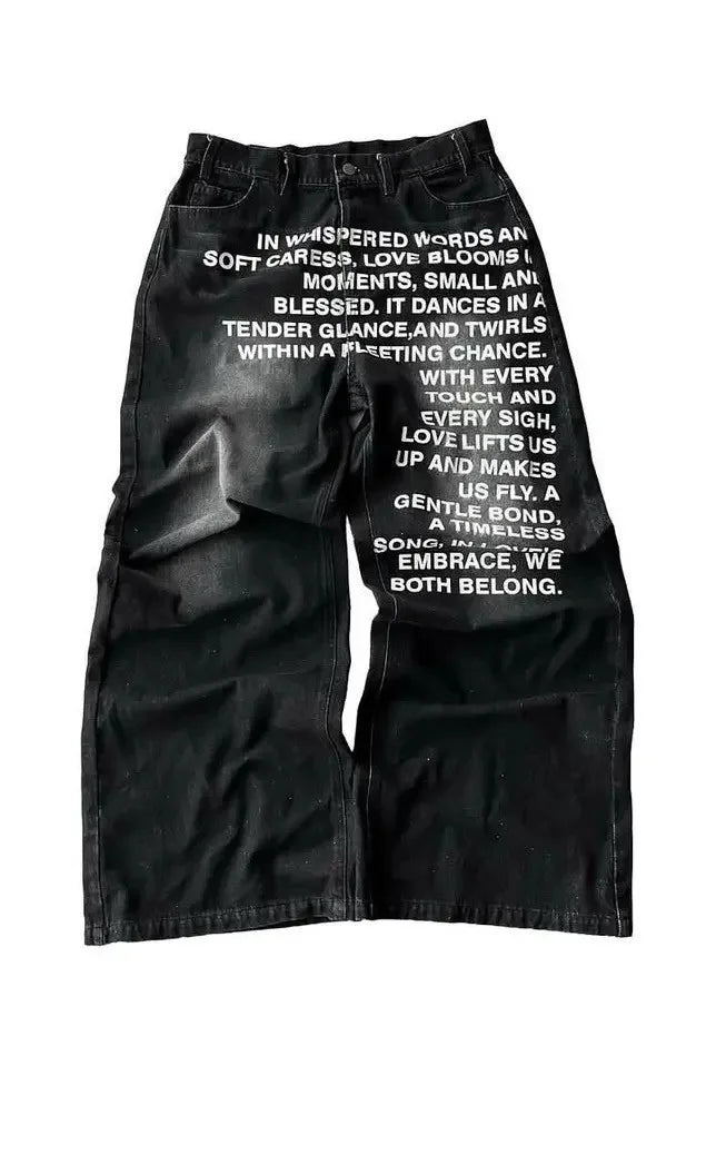 Vintage Letter Printed Women's Men's Jeans Y2k Harajuku Washed Wide Leg Jeans Loose Hip Hop Street Style Casual Mopping Pants