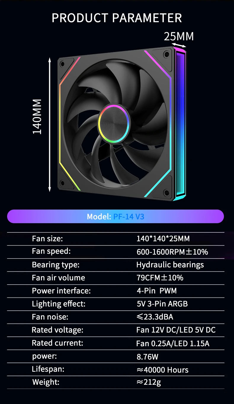 UPSIREN PF-14 V3 140mm chassis fan Motherboard lighting synchronization/ ARGB+PWM Case fans Reqular/Reverse version optiona