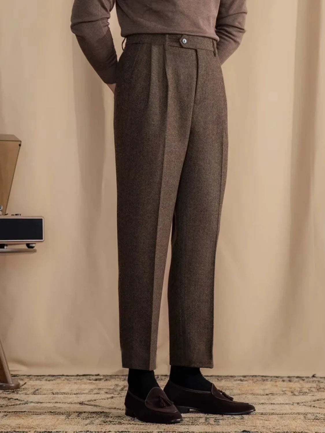 Italian Vintage Suit Pant For Men Autumn Winter Wool Herringbone Pattern Straight Trousers British Style Business Casual Pants