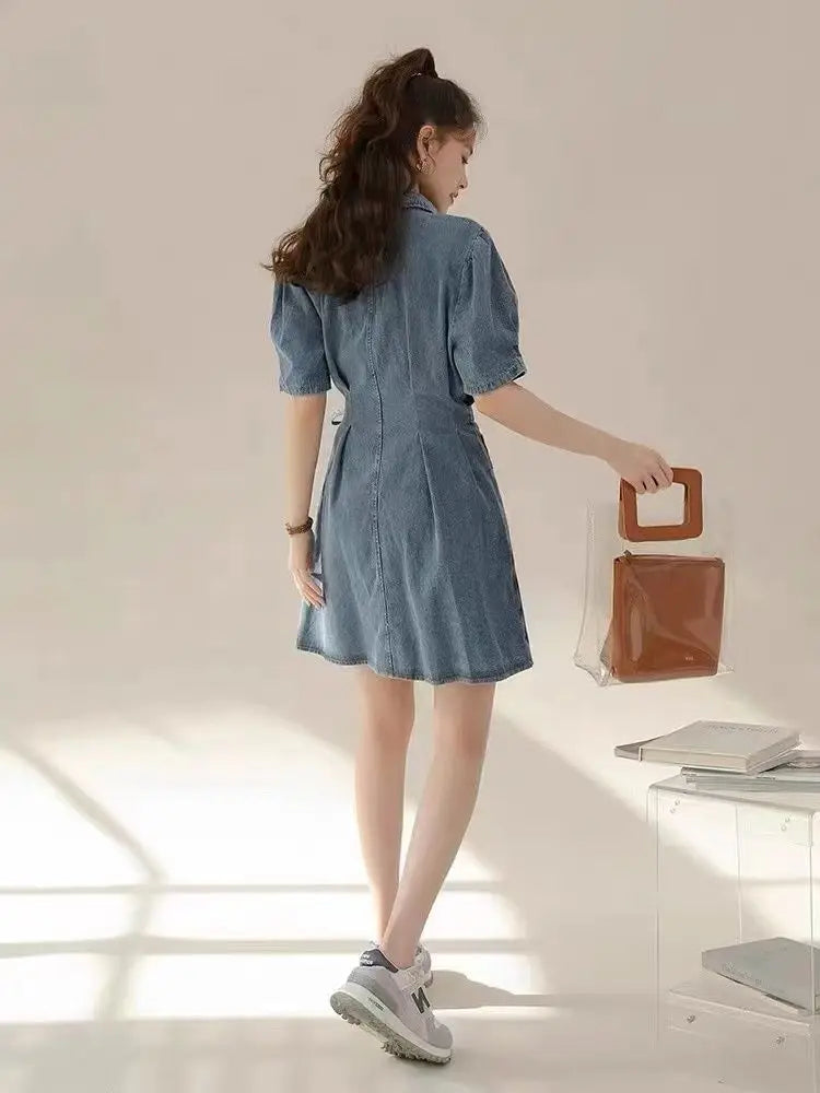2026 Summer New Slimming Short Sleeve Midi Denim Dress Stylish Trendy Waist Cinching Women's Popular Wear