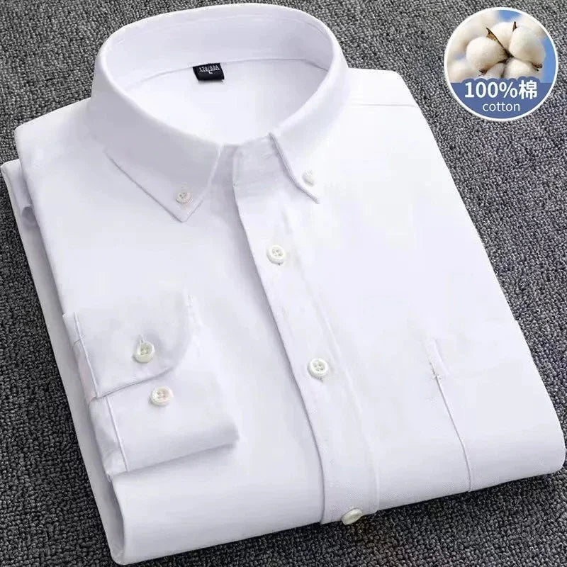 2026 Men's Oxford Long Sleeve Shirts 100% Cotton Solid Color Turn Down Collar Regular Fit Daily Men Clothing Button-down Shirts