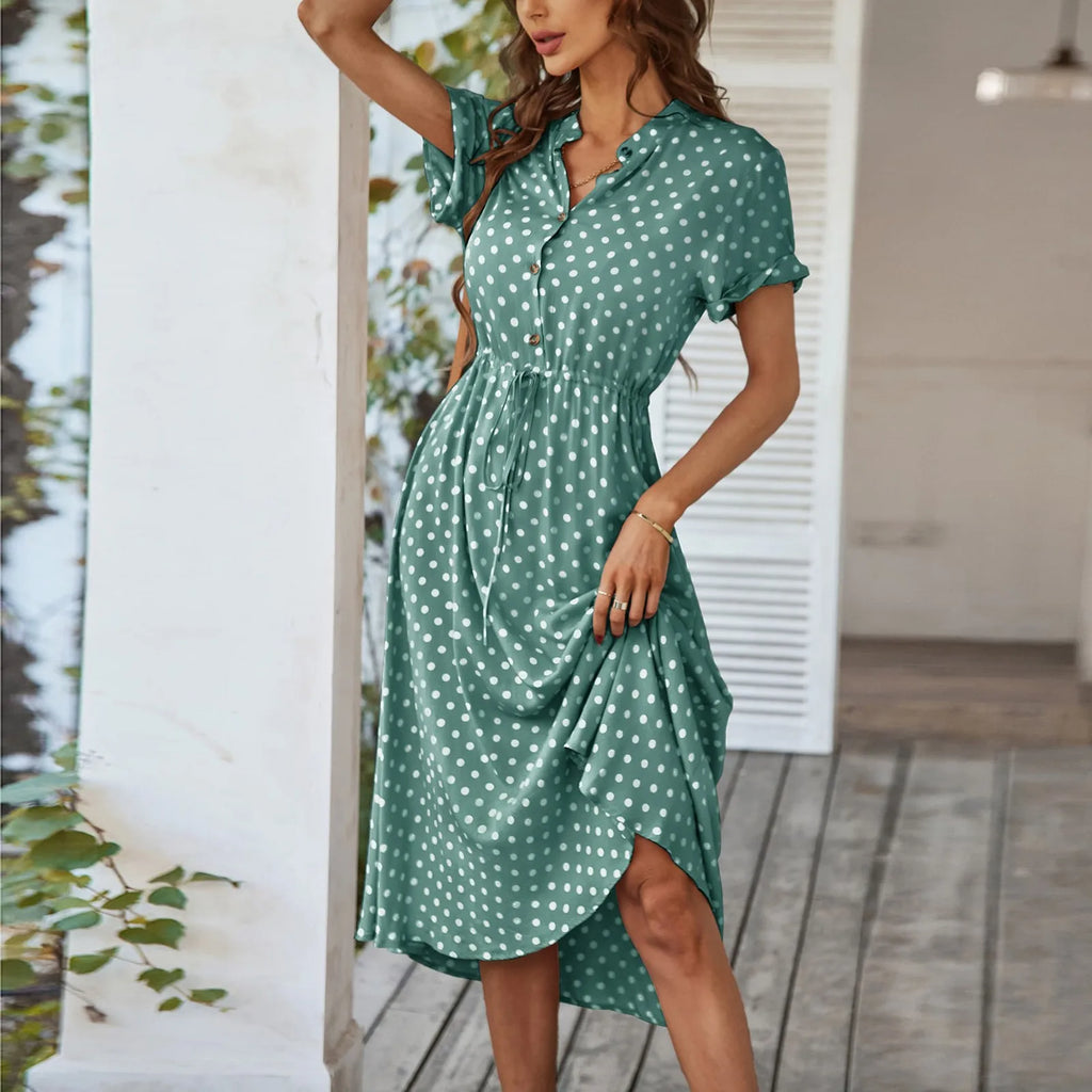 Elegant retro polka dot dress Women's Summer Midi Dress V Neck Single Breasted Short Sleeve Dresses Fashion Print Dress