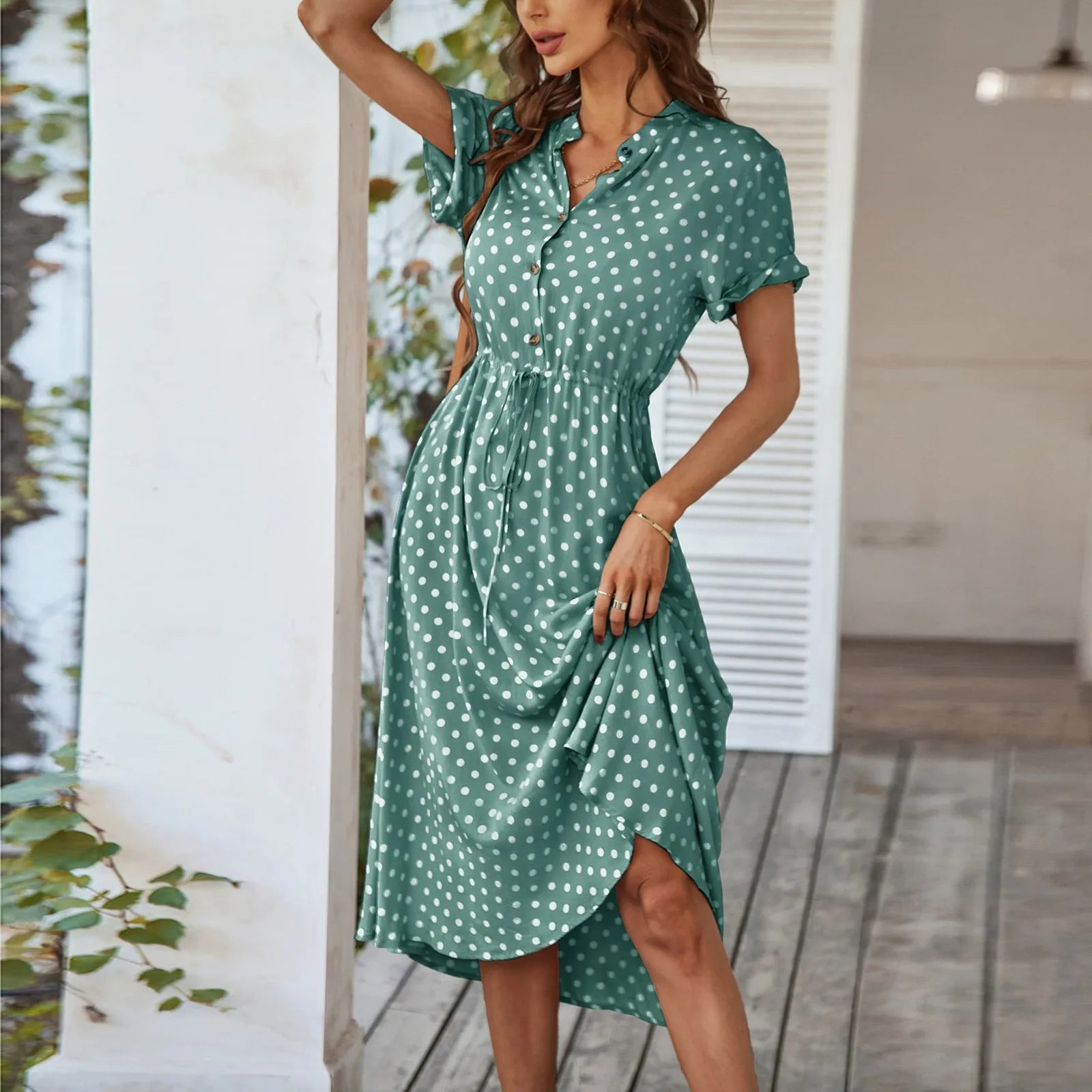 Elegant retro polka dot dress Women's Summer Midi Dress V Neck Single Breasted Short Sleeve Dresses Fashion Print Dress