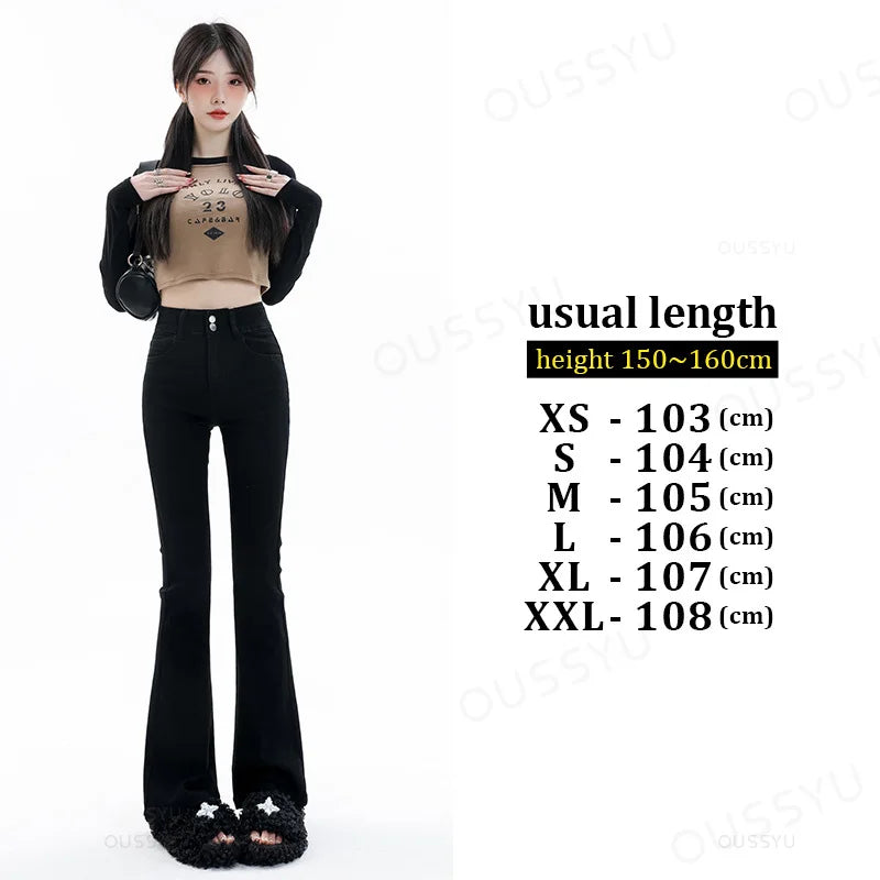 Women Jeans Cotton Denim Flared Pants Elastic Force Vintage Streetwear High Waist Slim Mom Harajuku Trousers Plus Length
