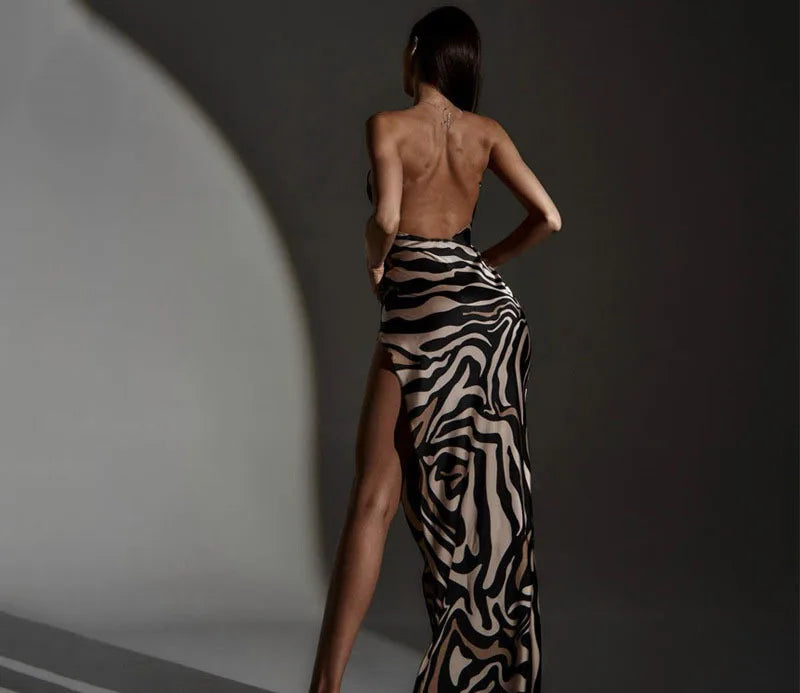 Leopard Zebra Printed Bodycon Spaghetti Strap Dresses For Women Sexy Backless Slim Slit Dress Lady Chic Party Night Club Vestido