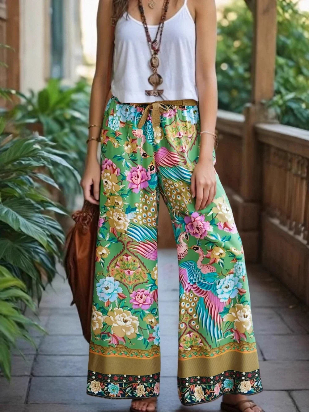 Boho Queens Women Peacock Floral Print Bohemian Wide Leg Pants Lady Elastic Waist Loose Rayon Boho Long Pant  Oversize Trousers