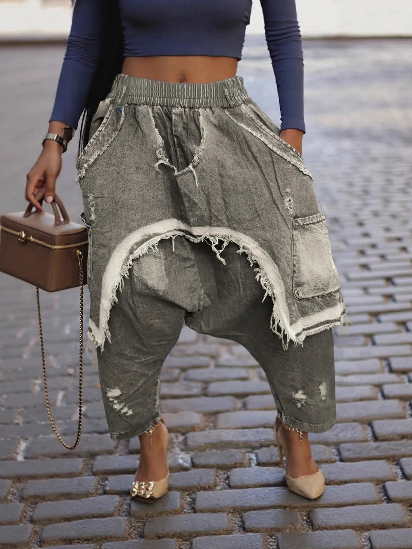 New Vintage Distressed Frayed Ripped Jeans Women's Fashion Loose Harem Pants Casual Hip Hop Streetwear Denim Trousers for Women