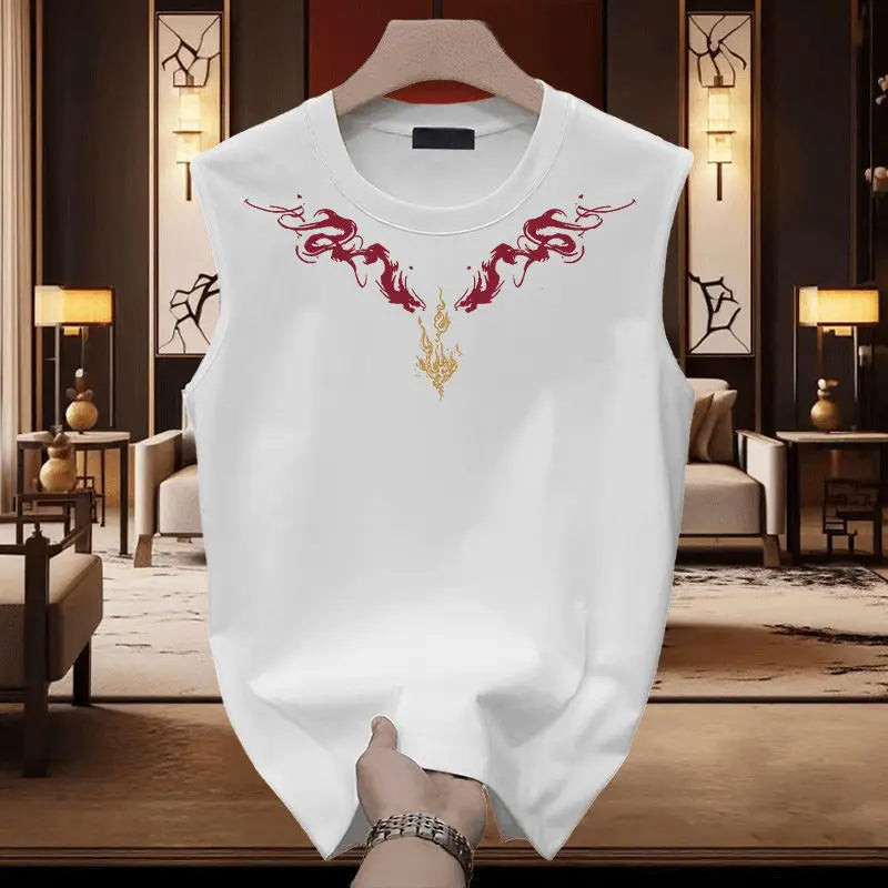 Trendy Pure Cotton Vest Vest T-shirt for Men's National Trendy Double Dragon Print Versatile Loose Round Neck Sleeveless Top