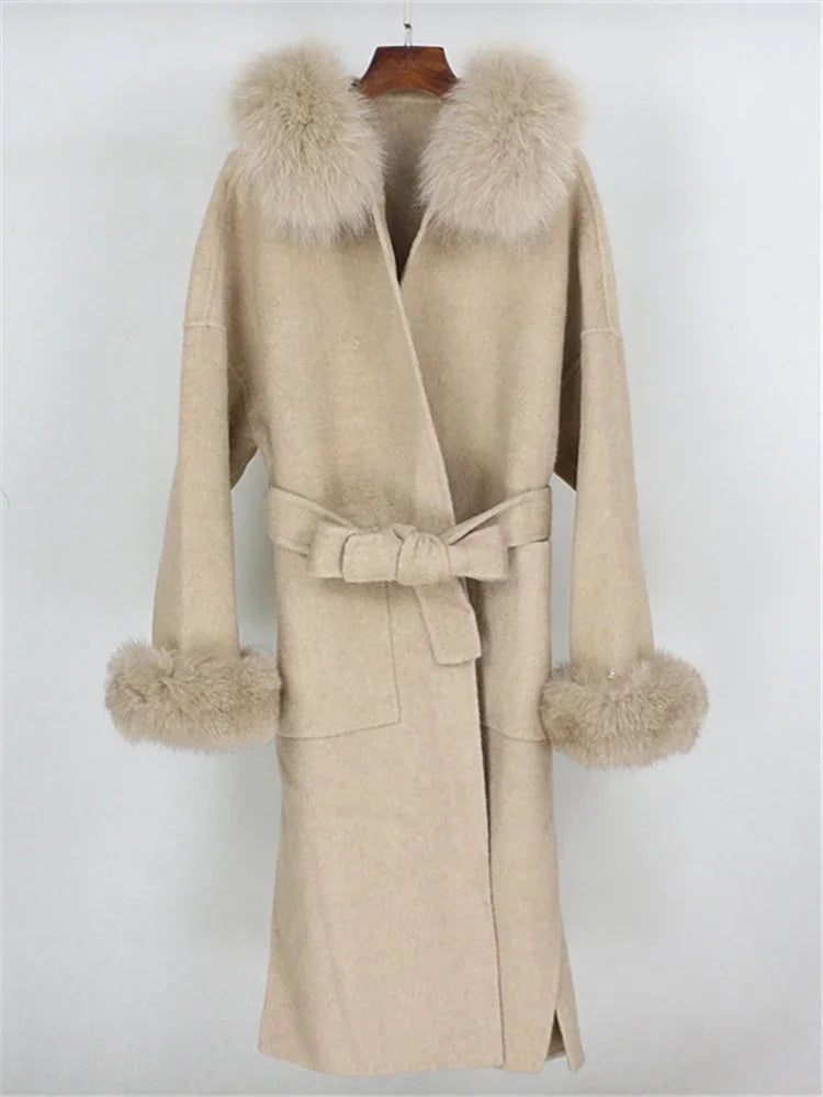 Real Fur Wool Outerwear Wool Blends Coat Natural Fox Fur Collar Hooded Cashmere Winter Jacket for Women Streetwear High Street