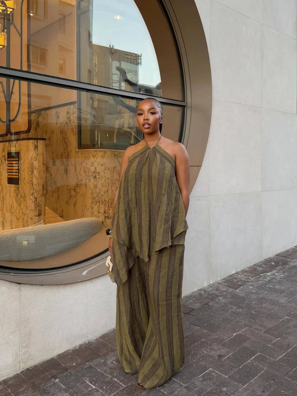 2026 2 Piece Sets Lady Chic Holiday Outfit Y2K Green Stripe Long Pant Sets For Women Spring Summer Halter Vest Top Wide Leg Pant