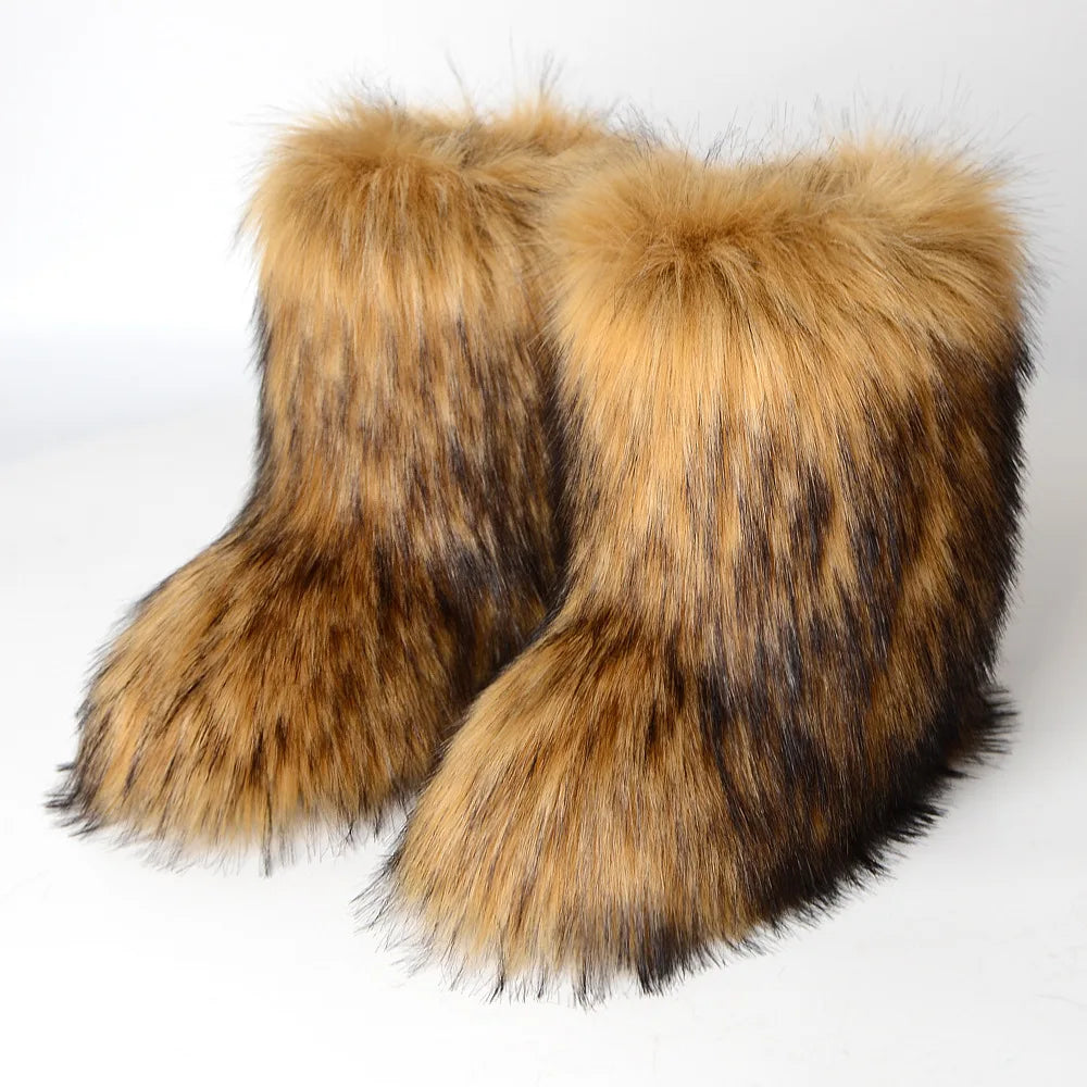 Women's Winter Snow Boots Outdoor Luxury Furry Faux Fox Fur Boots Woman Plush Warm Platform Shoes New Fashion Bottes Big Size 46